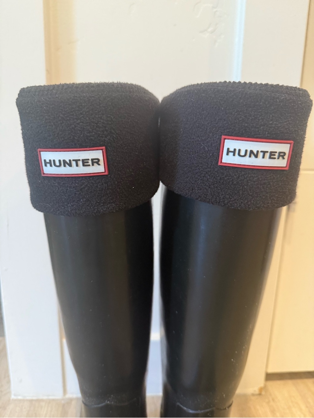 Hunter Black Tall Rain Boots with Black Fleece Cuffs and Logo Trim